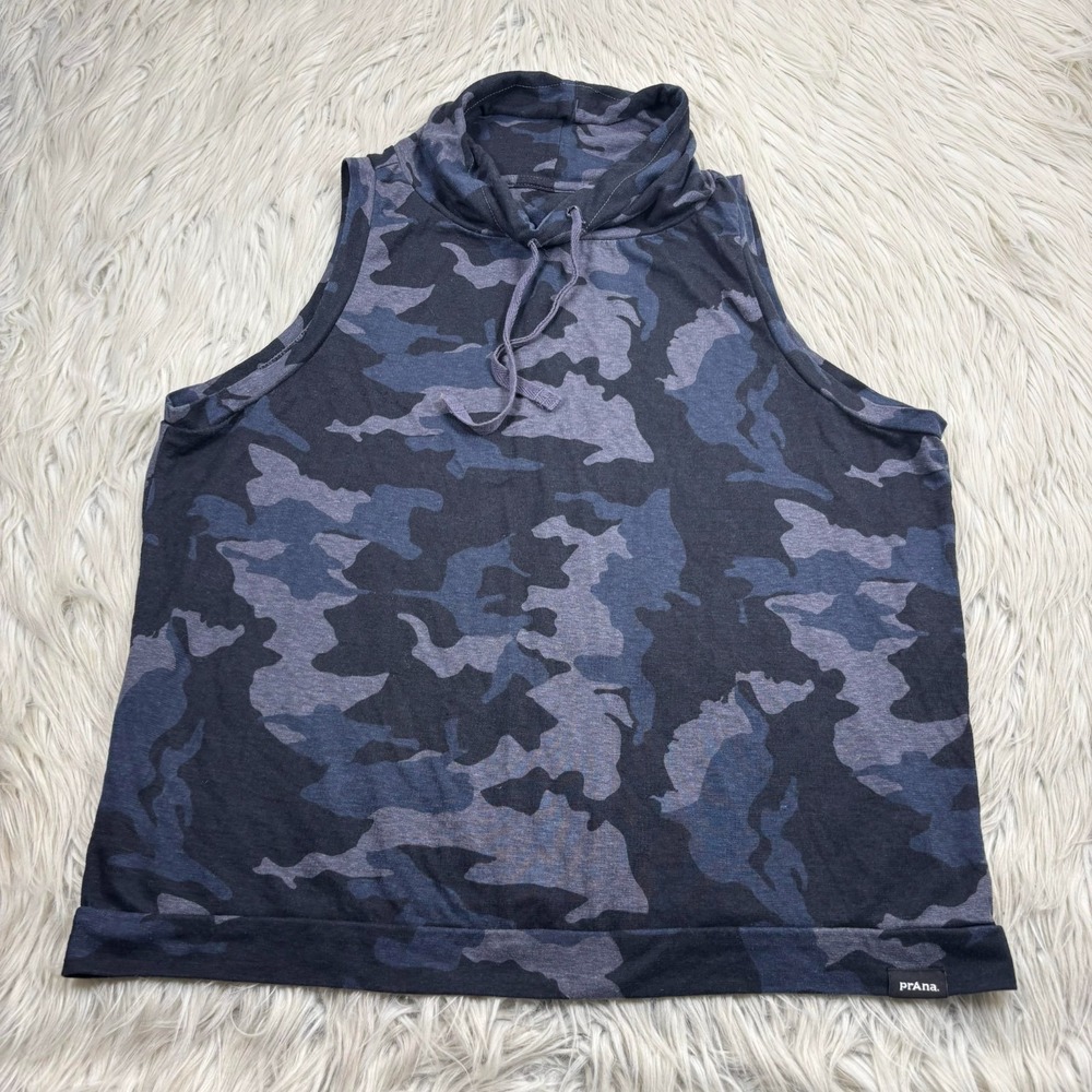Prana Women's S Black Blue Camo Cozy Up Cowl‎ Neck Muscle Tee Tank Hemp Blend